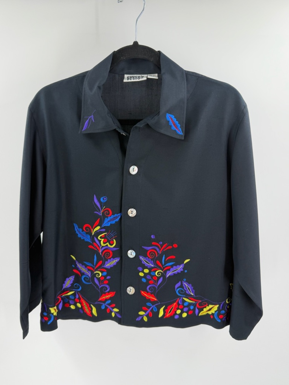 Chicos 100% Navy Blue Embroidered Button-Up Jacket with Multicolor Floral Detail
